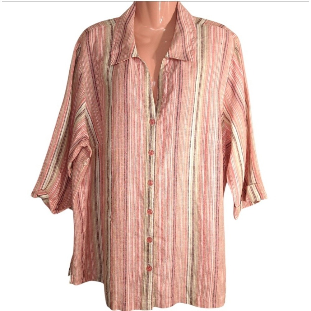 JM Collection Women's Collared Blouse 20W Pink Button-Up‎ Striped 100% Linen